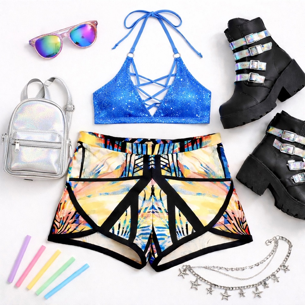 MATERIAL GIRL Geometric Multicolored Abstract Art Cage Shorts Festival Sz: L - Picture 3 of 12